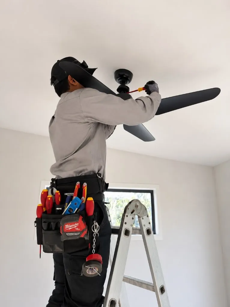 PQ electrician on a ladder installing a black ceiling fan in a Brisbane home